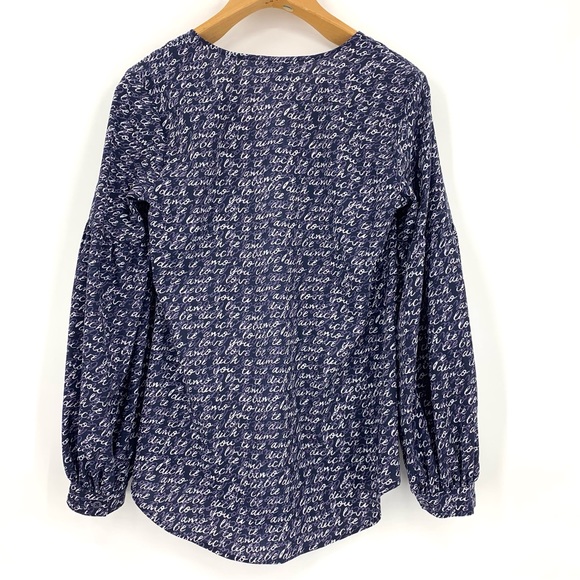 Cabi Te Amo Blouse # 5336, 'Love' Printed Long Sleeve V-neck Navy Blouse, Small - Picture 13 of 16